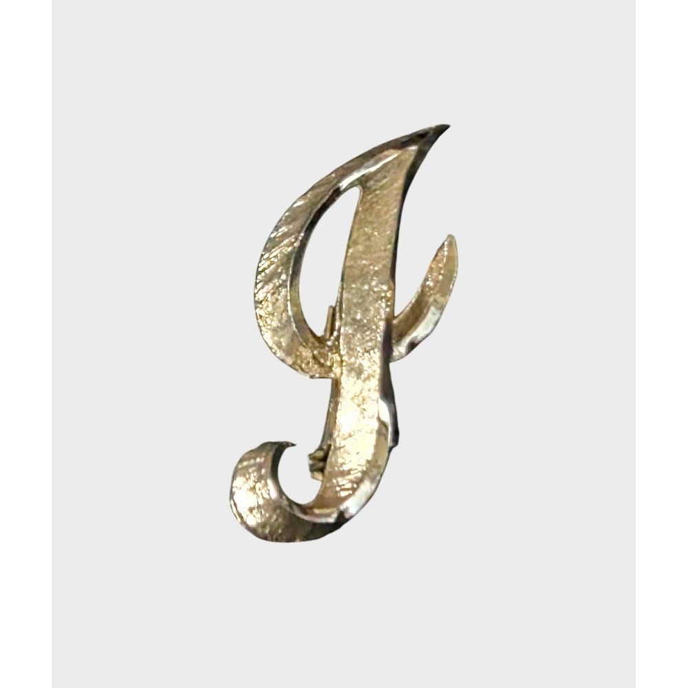 Vintage Gold Brooch Mamselle Signed Textured Stylized Script Letter J Pin